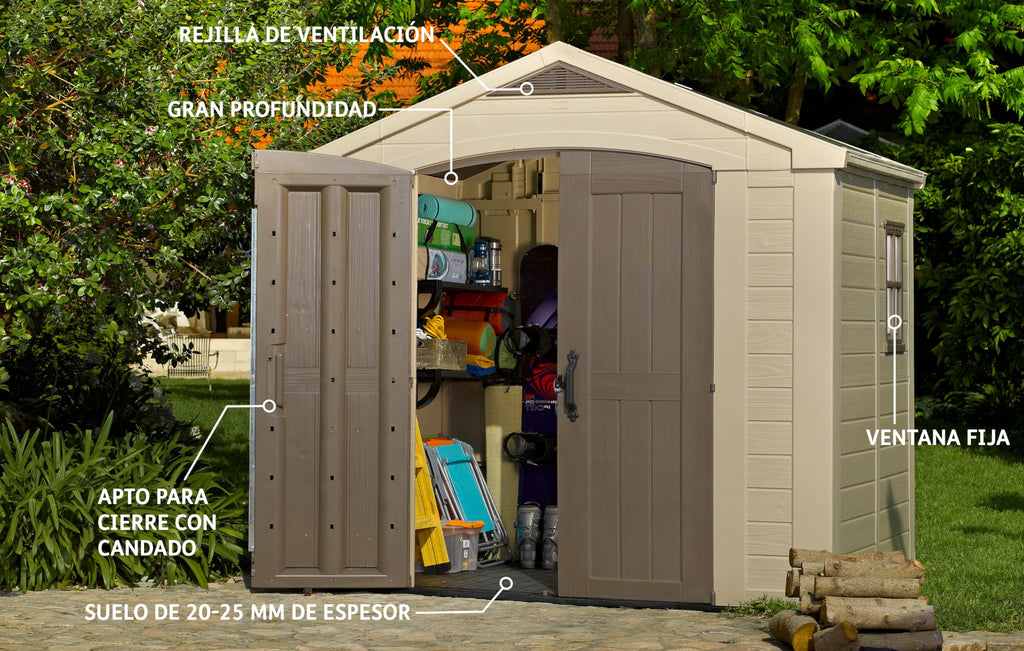 Keter Factor Outdoor Plastic Garden Storage Shed, Beige, 8 x 8 ft