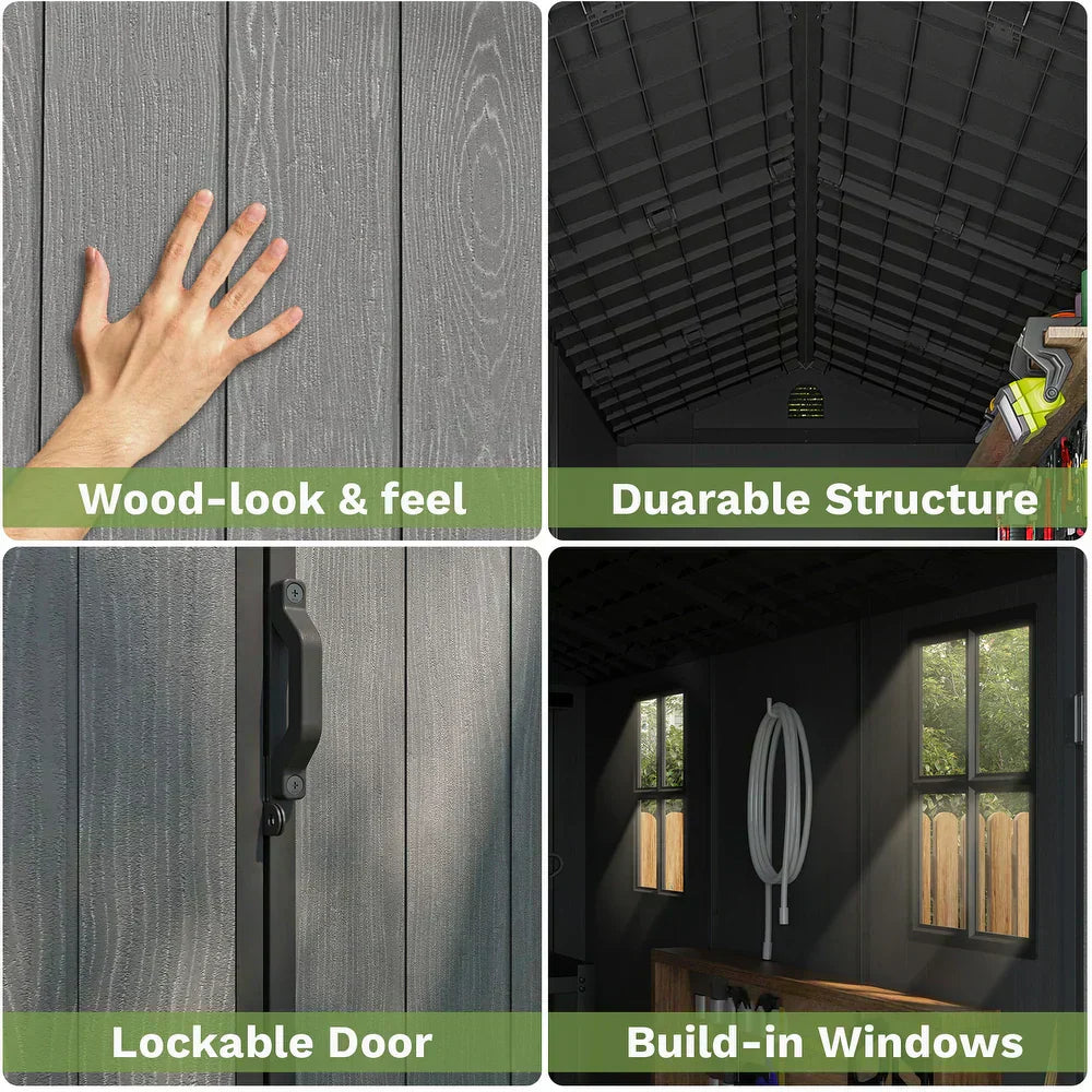 Pro Grade 8ft x 12ft Premium Plastic Double Door Garden Shed - Grey/Anthracite Wood Touch Texture